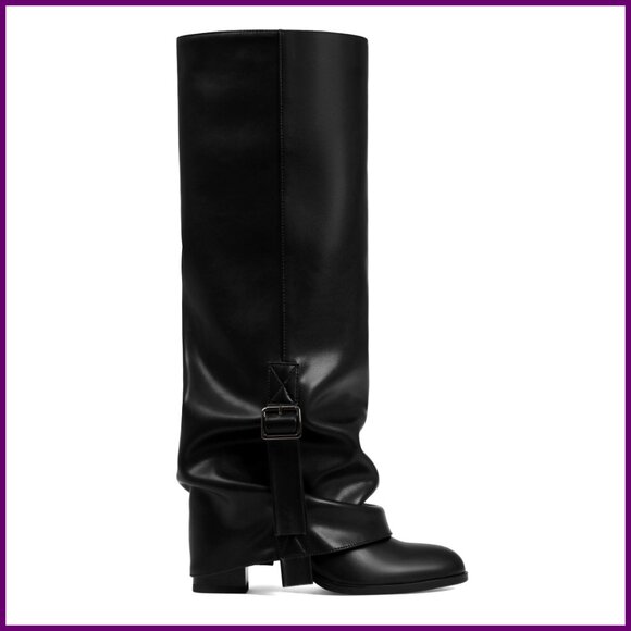 Wide Calf Knee High Boots Fold Over Slouchy Round Toe Buckle Tall Shoes